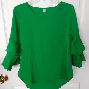 Size Small Green Blouse w/3/4" Layered Ruffled Sleeves & Scoop Neckline